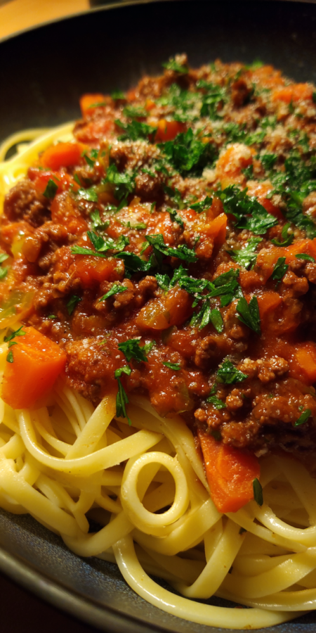 Venison Bolognese Sauce over Pasta served warm with cozy spices
