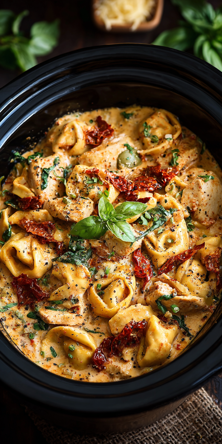 Viral Marry Me Chicken Tortellini Crockpot served warm with cozy spices