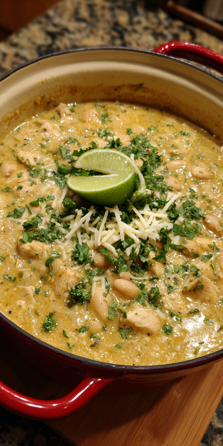 White Chicken Chili with Cream Cheese served warm with cozy spices