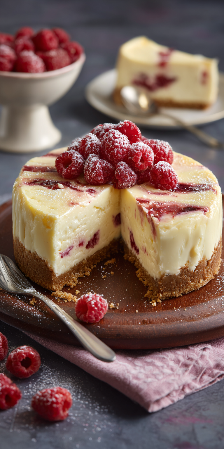 White Chocolate Raspberry Cheesecake served warm with cozy spices