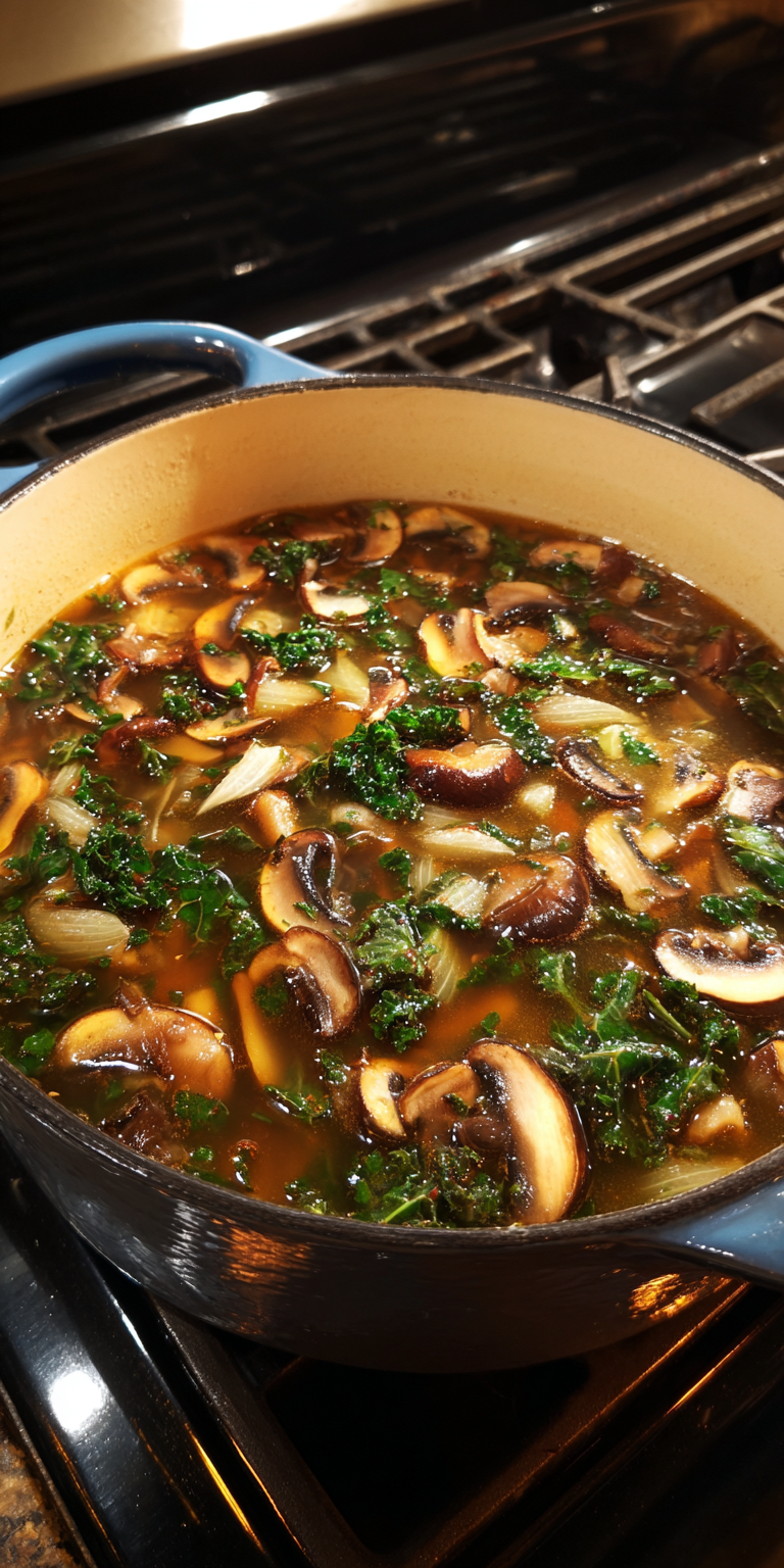 Wild Mushroom, Caramelized Onion and Kale Soup served warm with cozy spices