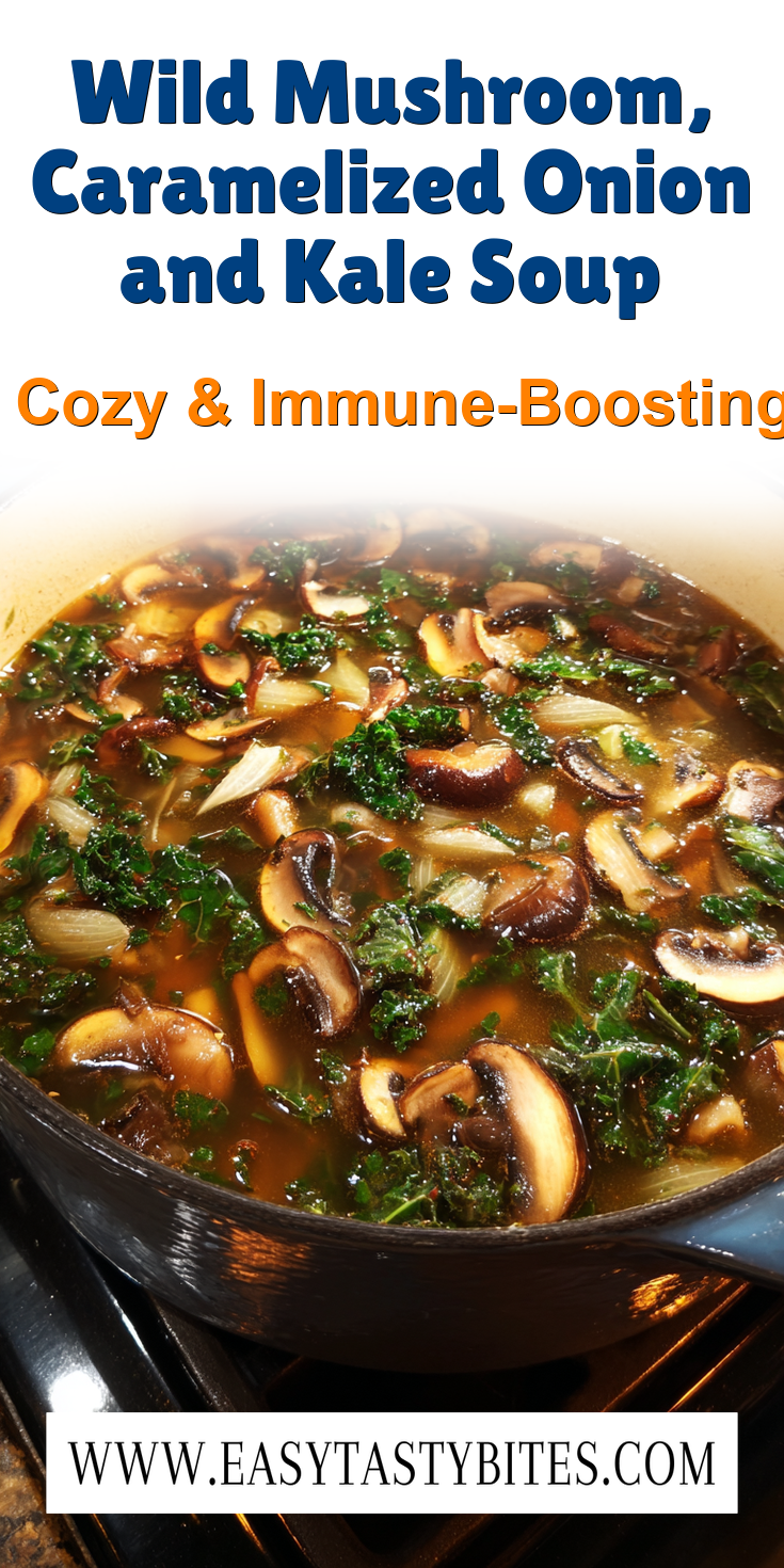Wild Mushroom, Caramelized Onion and Kale Soup served warm with cozy spices