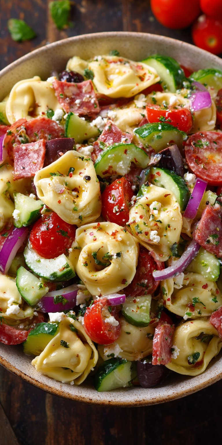 Zesty Greek Tortellini Pasta Salad served warm with cozy spices