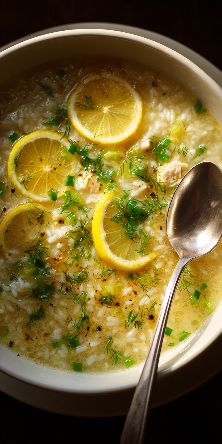 Zesty Lemon Rice Soup with Chicken served warm with cozy spices