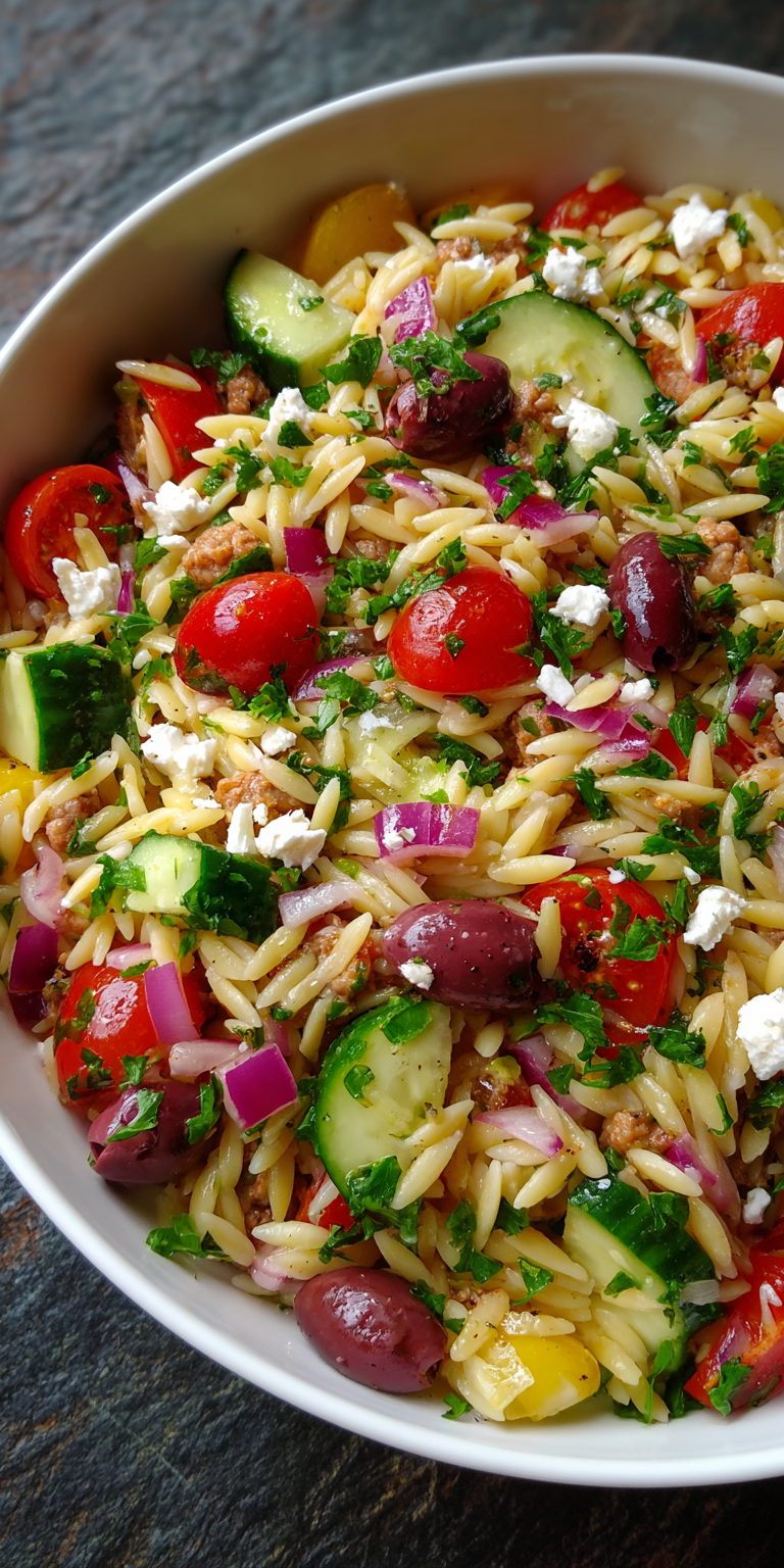 Zesty Mediterranean Orzo Pasta Salad served warm with cozy spices