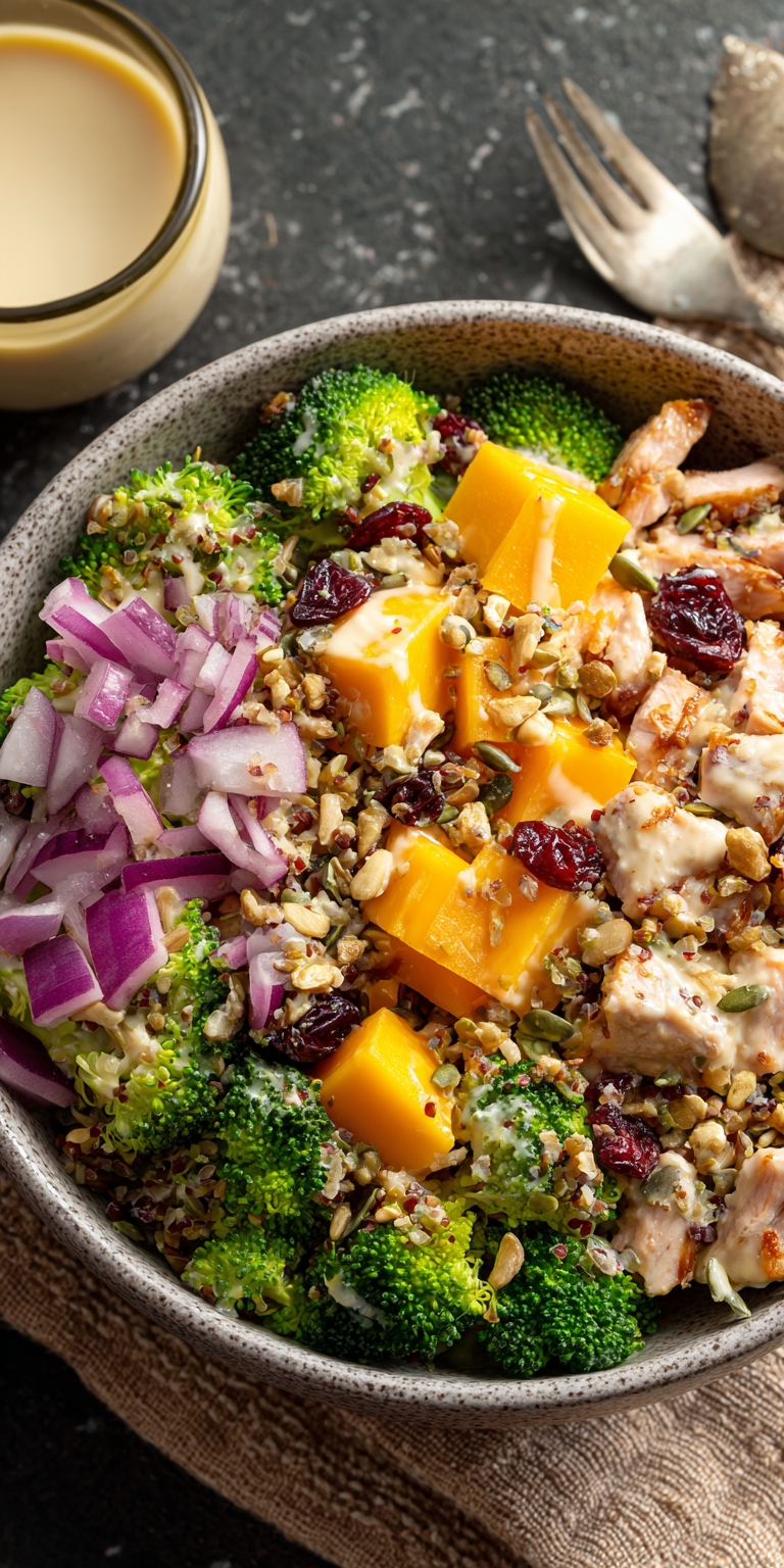 Broccoli Cheddar Bacon Salad Bowl served warm with cozy spices