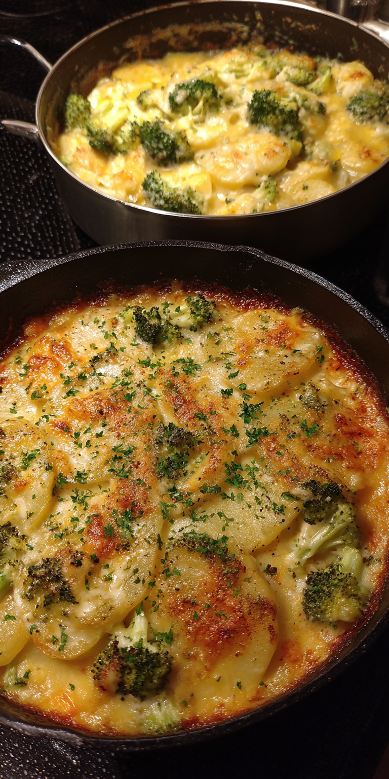 Broccoli Cheddar Scalloped Potatoes served warm with cozy spices