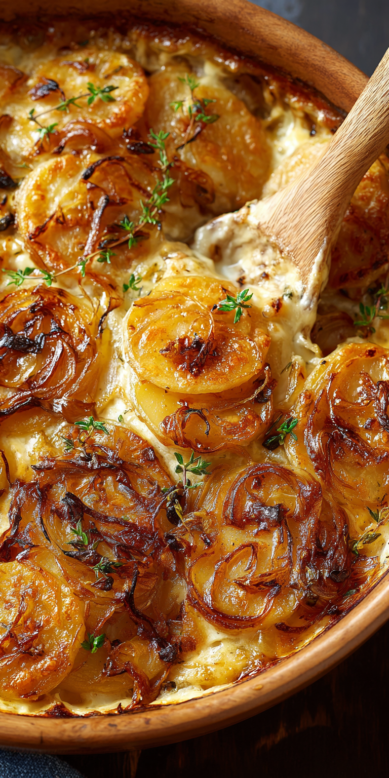 Caramelized Onion Scalloped Potatoes served warm with cozy spices