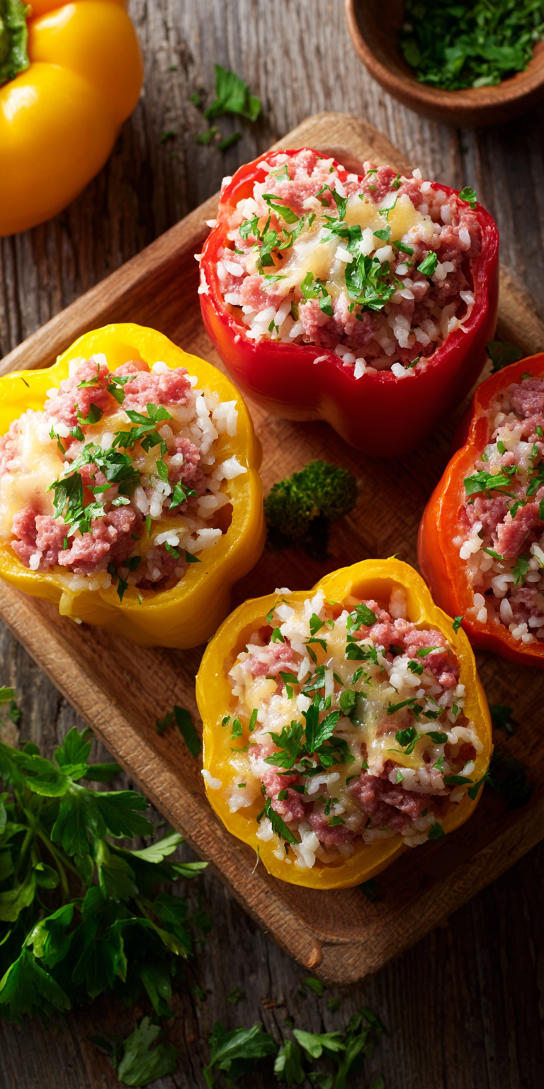 Corned Beef Stuffed Bell Peppers served warm with cozy spices