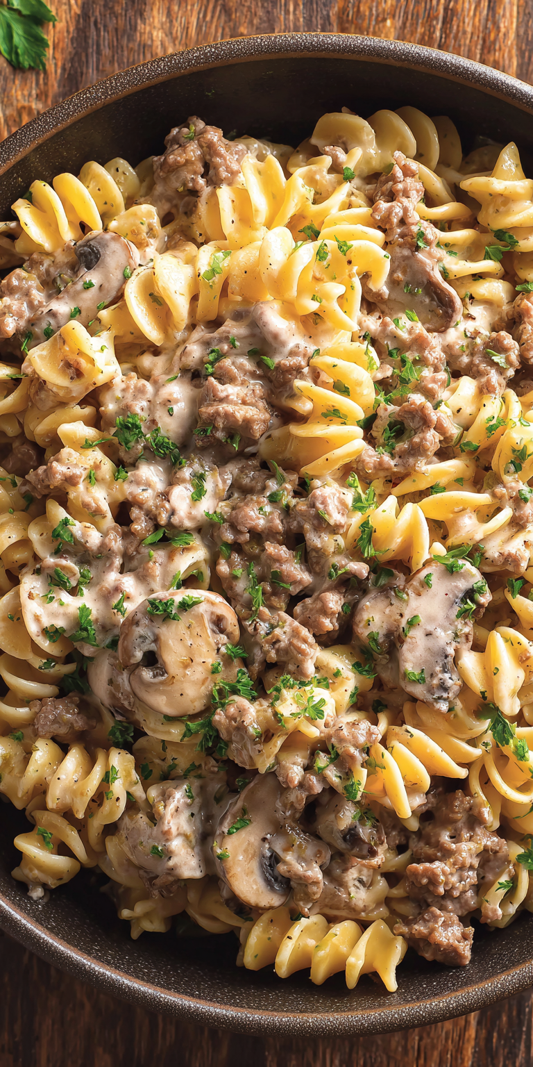 Creamy Beef Stroganoff Pasta served warm with cozy spices