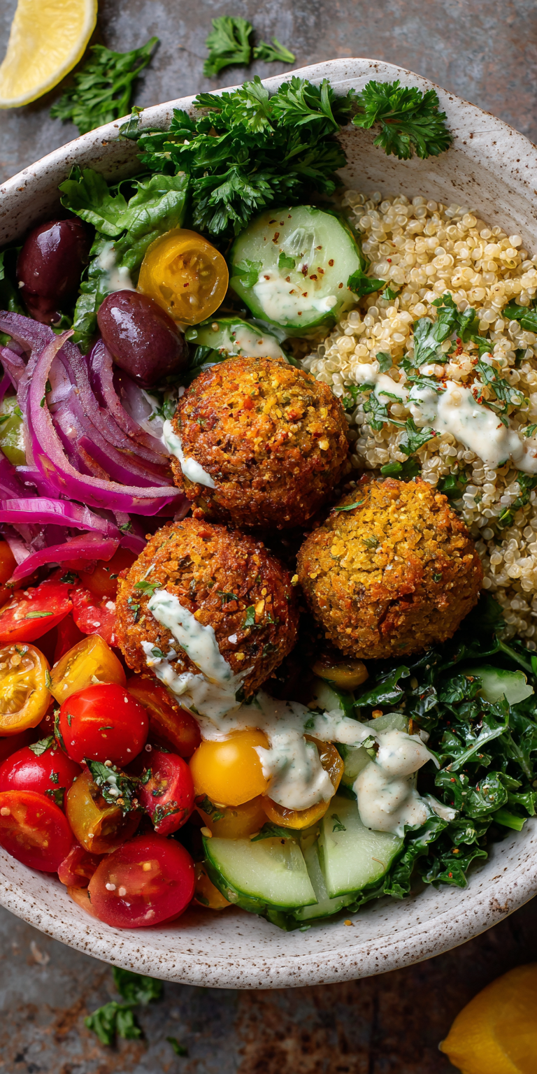 Crispy Falafel Mediterranean Bowl served warm with cozy spices