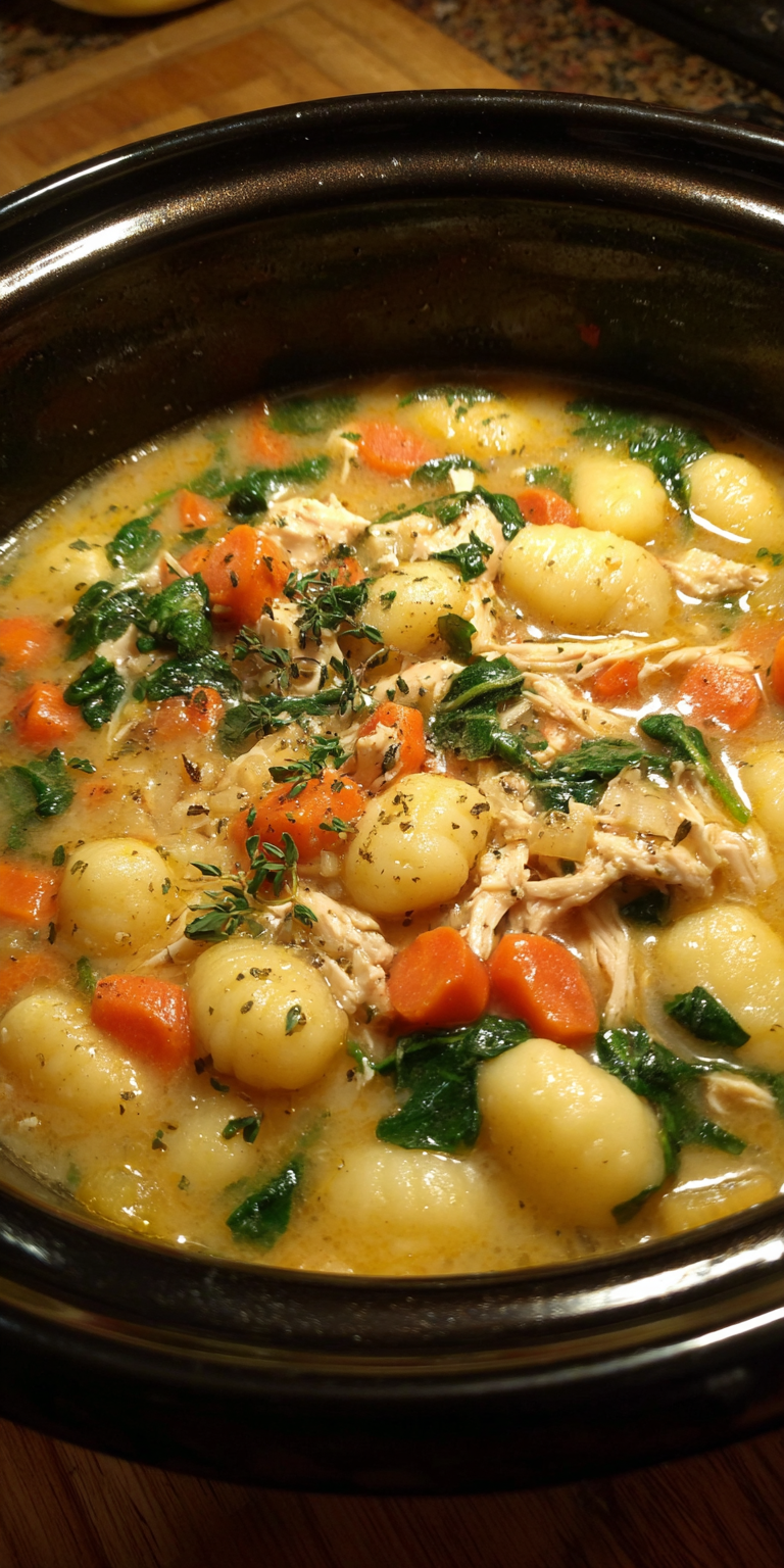 Crockpot Chicken Gnocchi Soup served warm with cozy spices