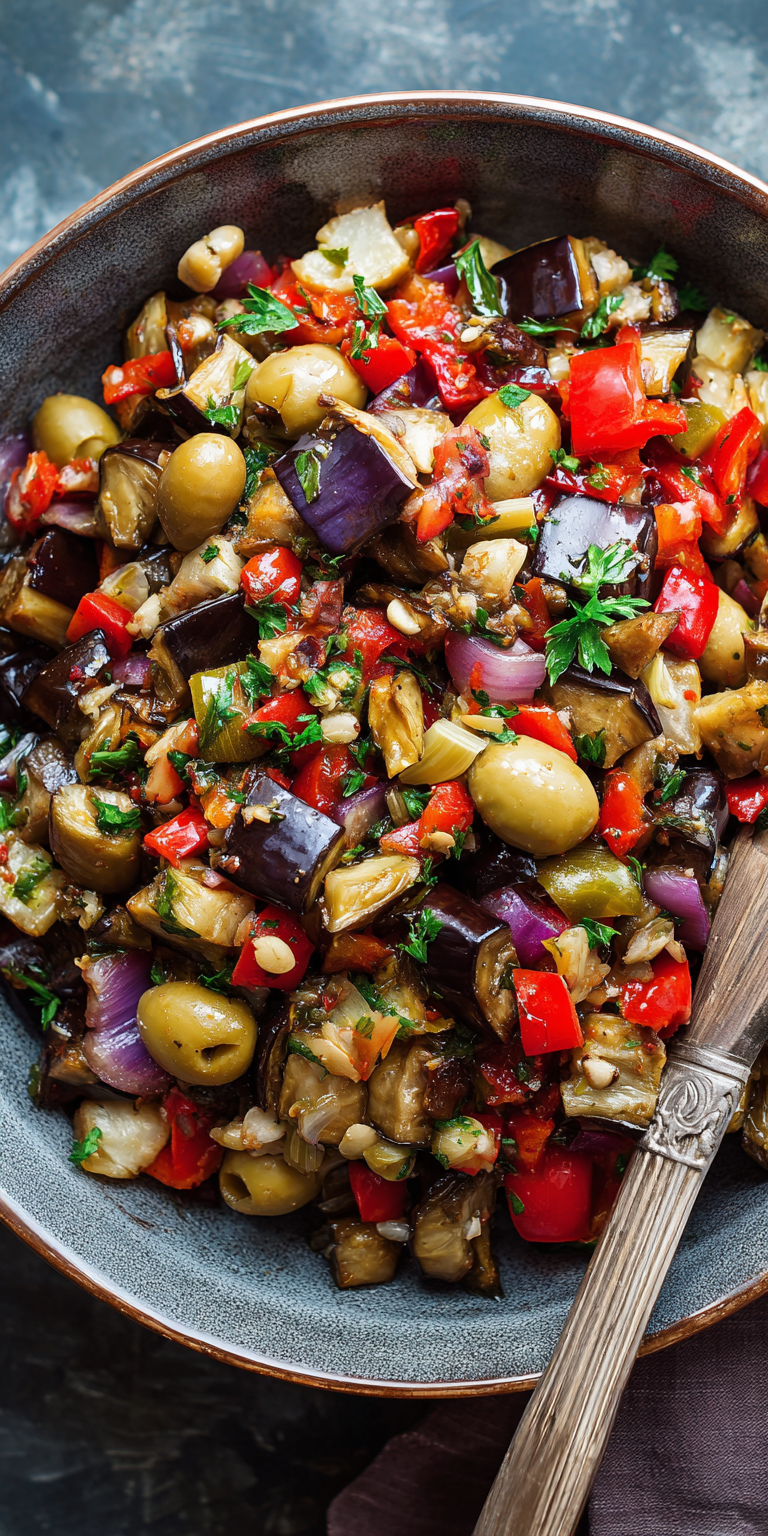 Eggplant Caponata Style Salad served warm with cozy spices