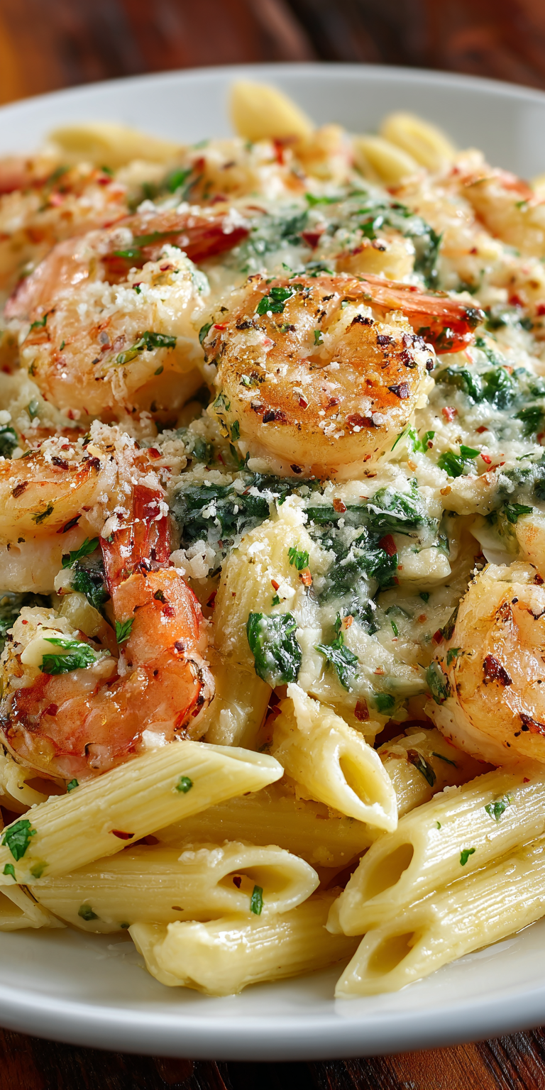 Garlic Parmesan Shrimp Seafood Pasta served warm with cozy spices