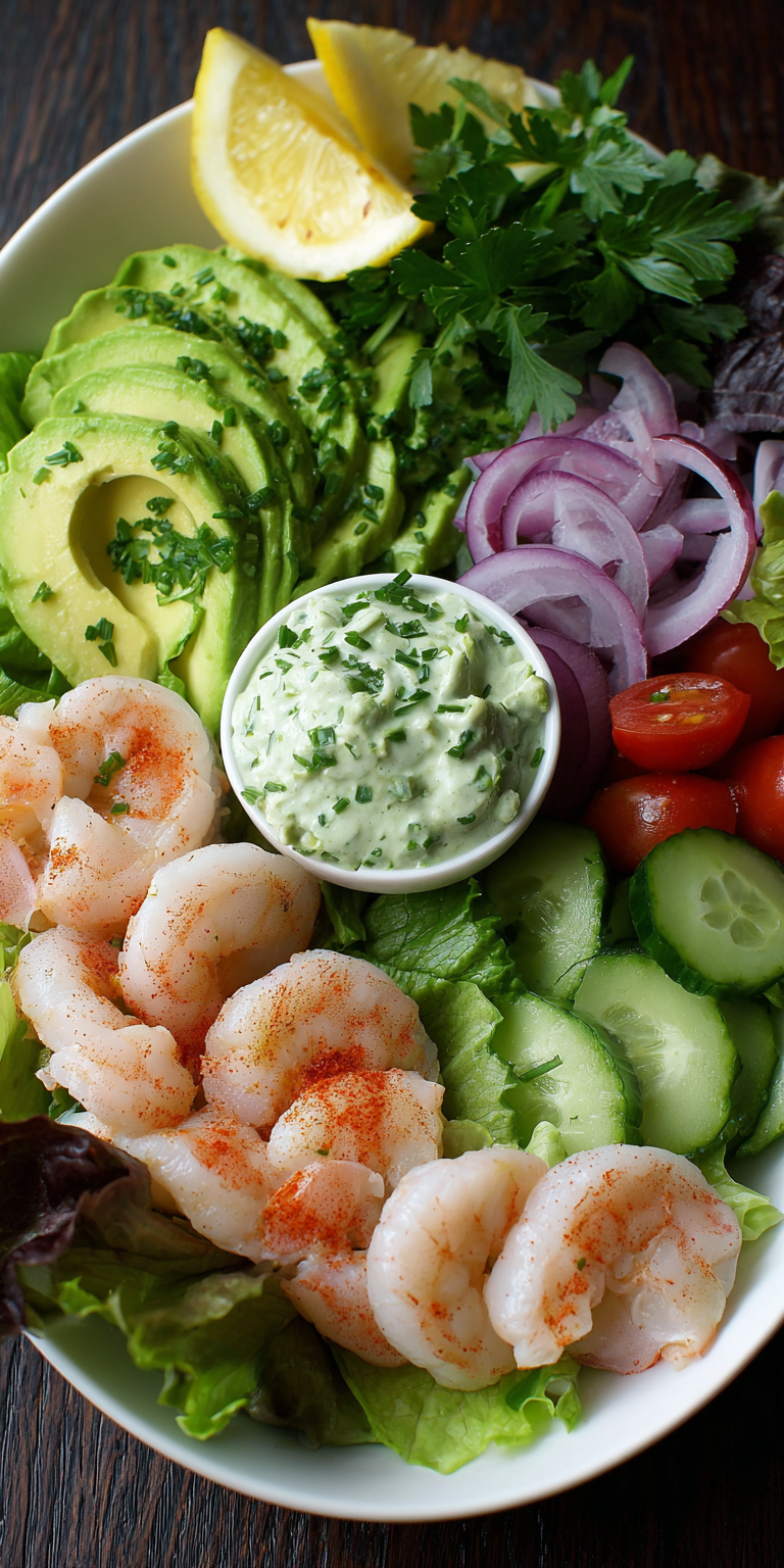 Green Goddess Salad with Shrimp served warm with cozy spices