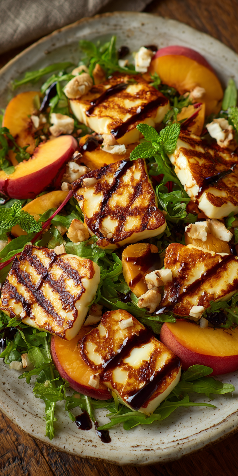 Grilled Halloumi and Peach Salad served warm with cozy spices