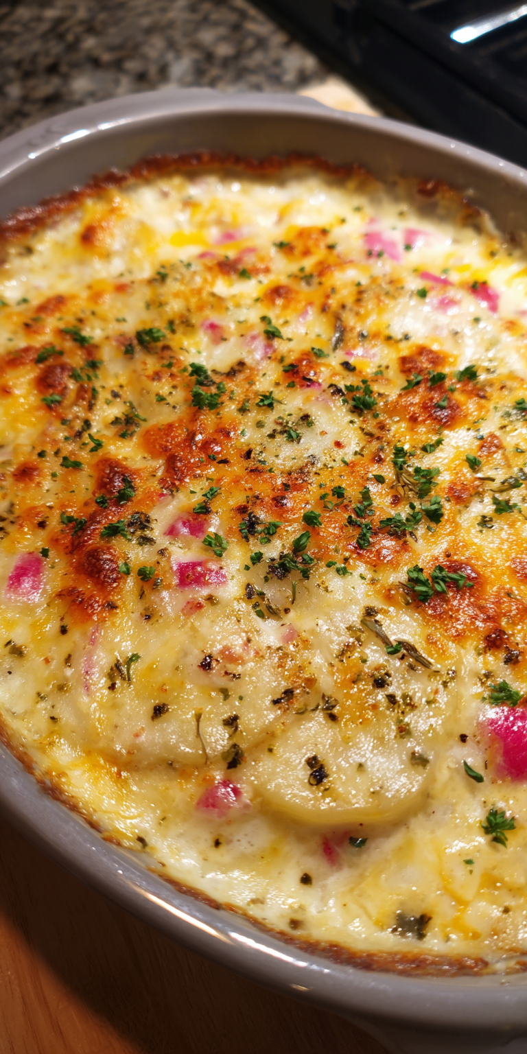 Keto Radish Scalloped Potatoes Mock served warm with cozy spices