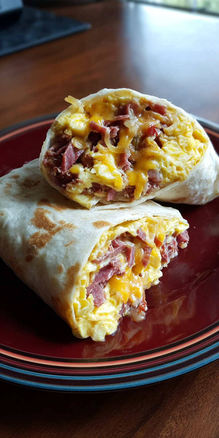 Leftover Corned Beef Breakfast Burrito served warm with cozy spices