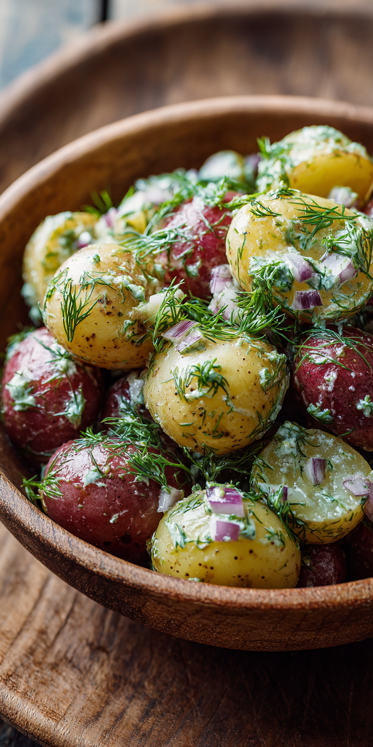 Lemon Dill Mediterranean Potato Salad served warm with cozy spices