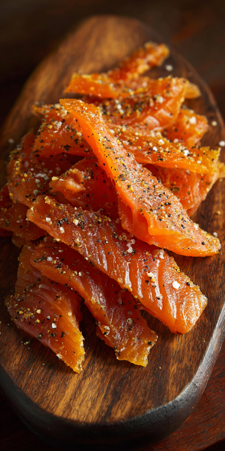 Lemon Pepper Salmon Jerky served warm with cozy spices
