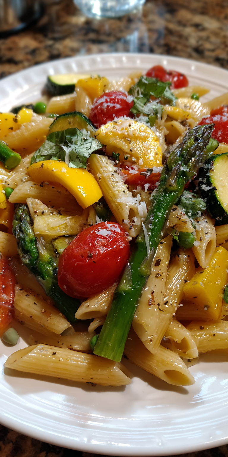 Pasta Primavera with Spring Vegetables served warm with cozy spices