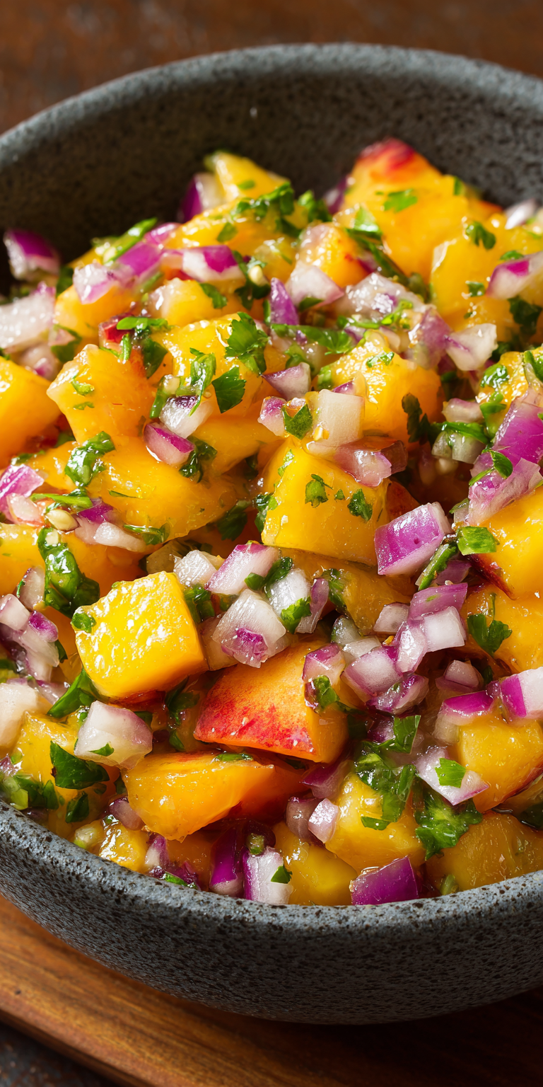 Peach Jalapeno Salsa Recipe served warm with cozy spices