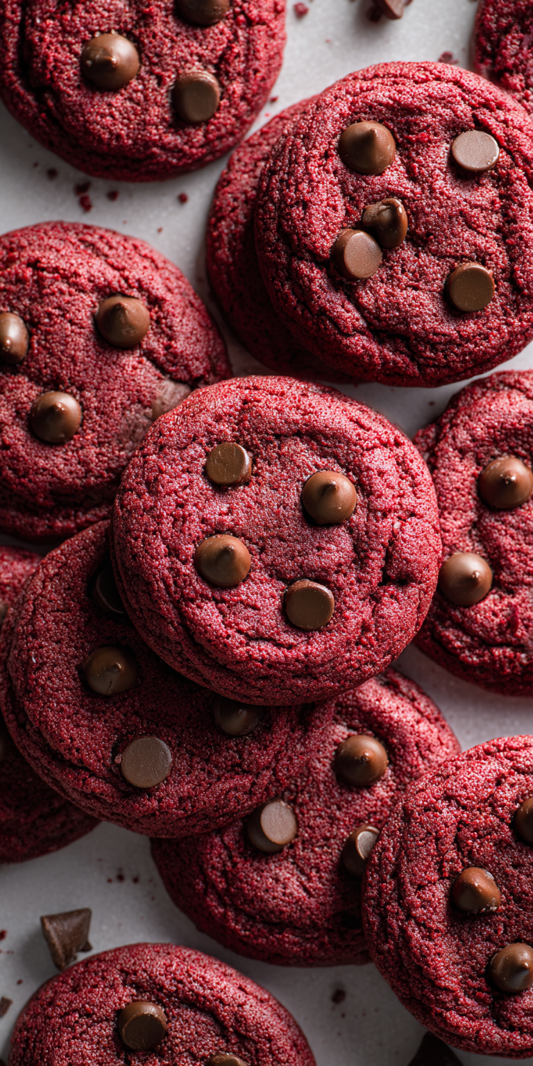 Red Velvet Chocolate Chip Cookies served warm with cozy spices