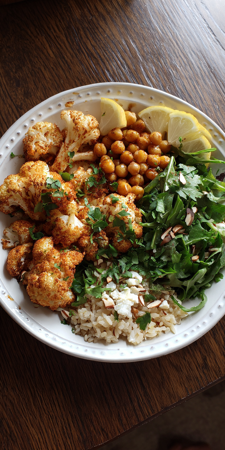 Roasted Cauliflower Hummus Salad Bowl served warm with cozy spices