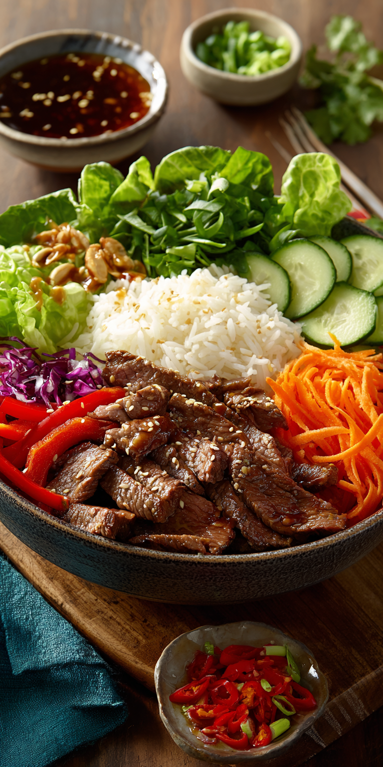 Sesame Ginger Beef Salad Bowl served warm with cozy spices