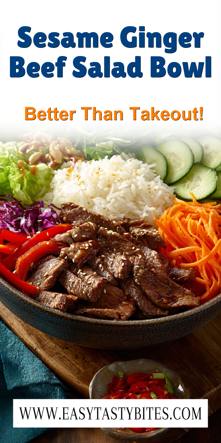 Sesame Ginger Beef Salad Bowl served warm with cozy spices