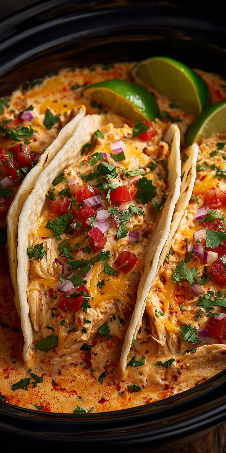 Slow Cooker Queso Chicken Tacos served warm with cozy spices