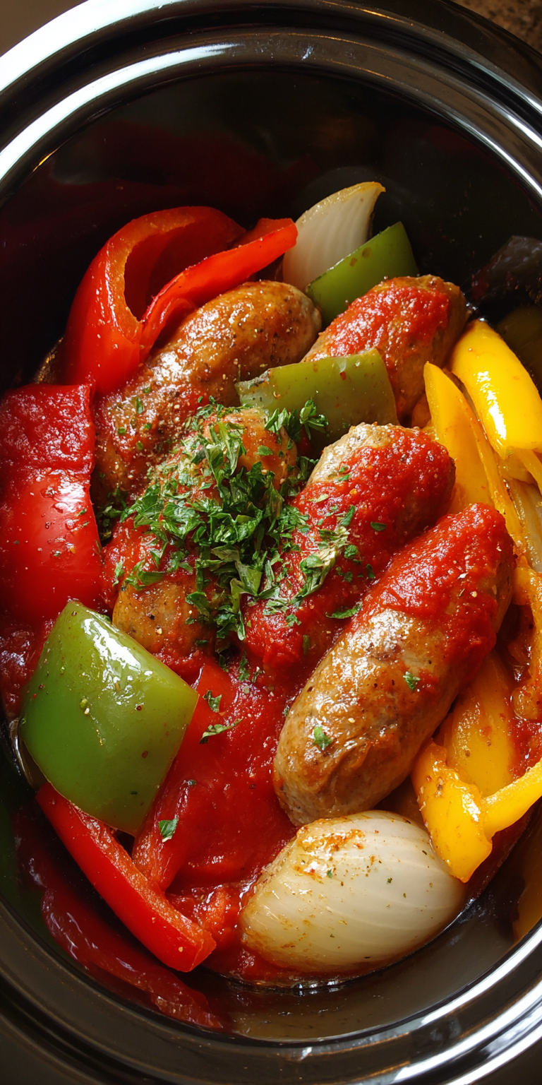 Slow Cooker Sausage and Peppers served warm with cozy spices