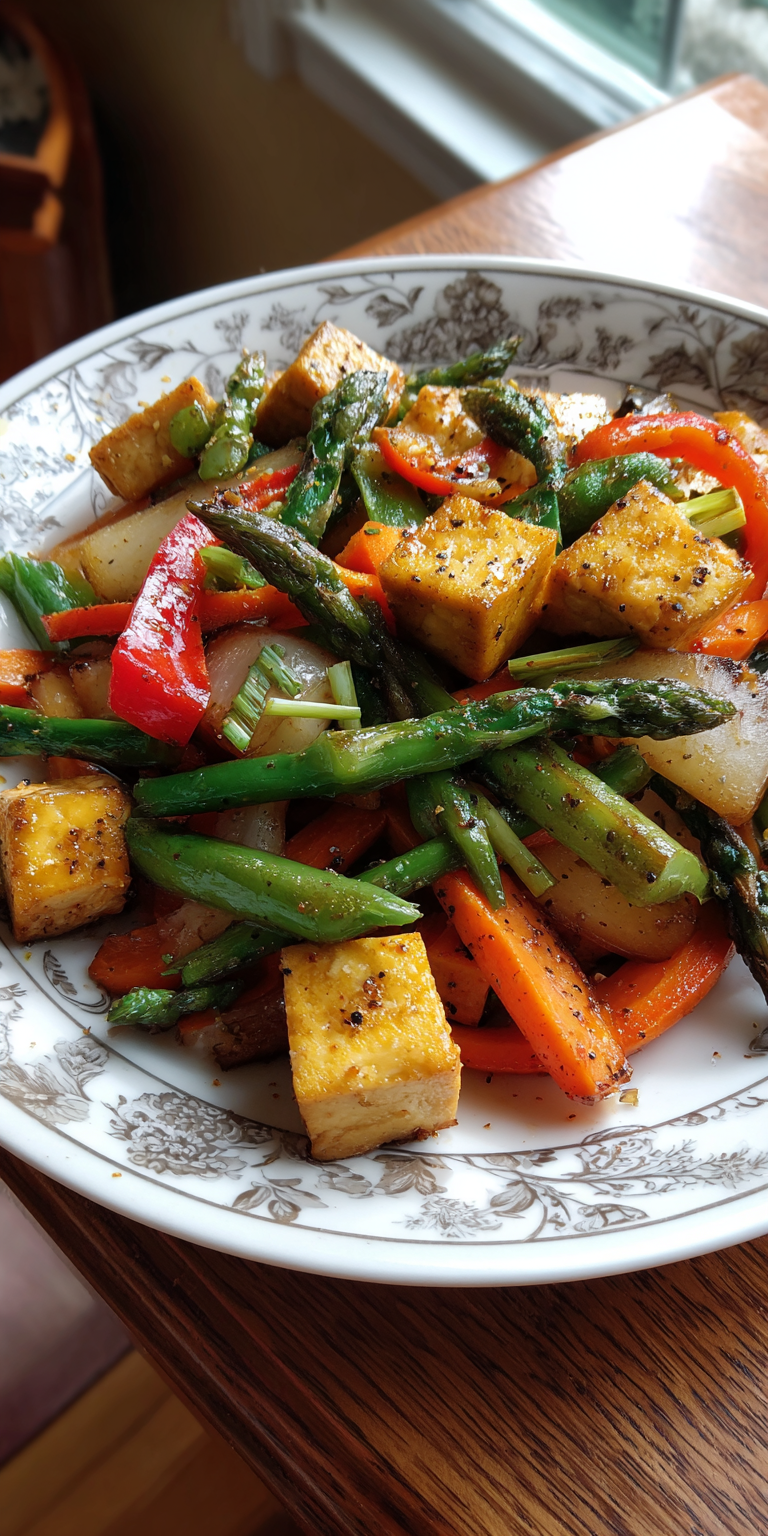 Spring Veggie Stir Fry with Tofu served warm with cozy spices