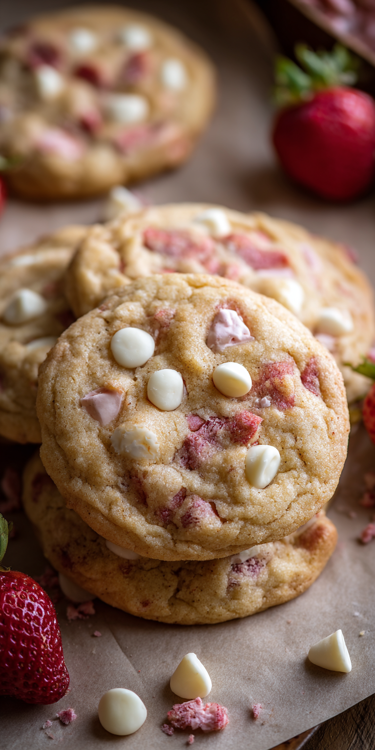 Strawberry Shortcake Cookies with White Chocolate served warm with cozy spices
