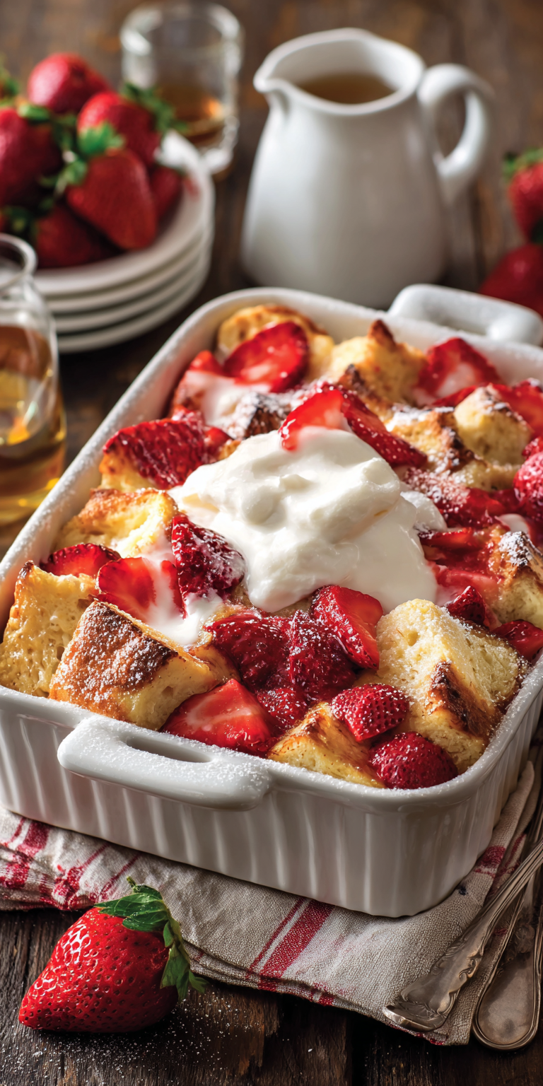 Strawberry Shortcake French Toast Casserole served warm with cozy spices