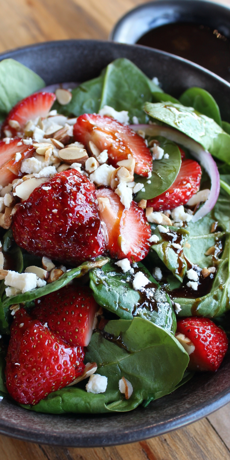 Strawberry Spinach Balsamic Salad Bowl served warm with cozy spices