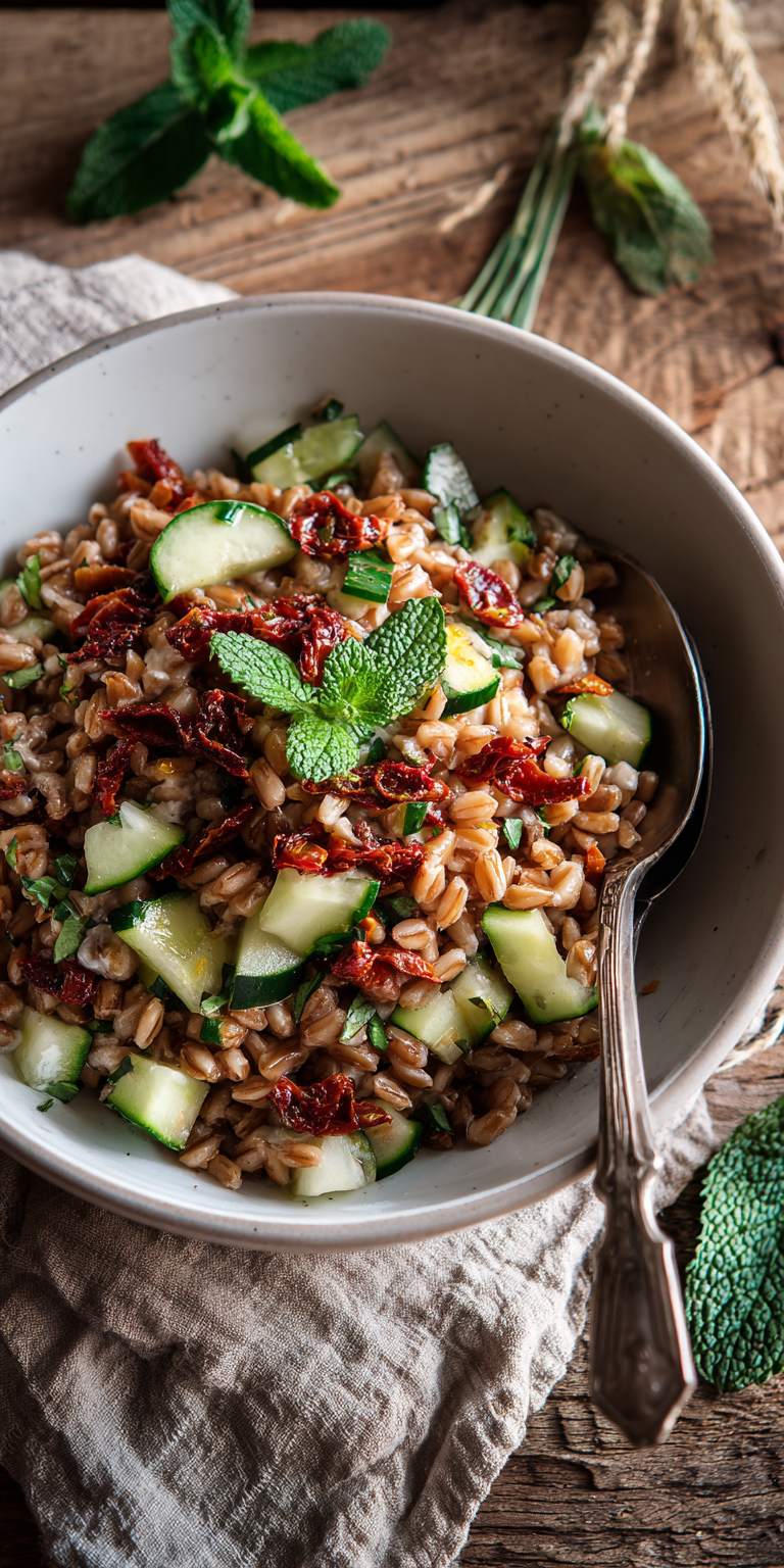 Sun Dried Tomato Farro Salad served warm with cozy spices