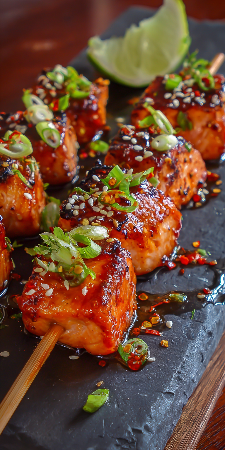 Sweet Chili Salmon Skewers served warm with cozy spices