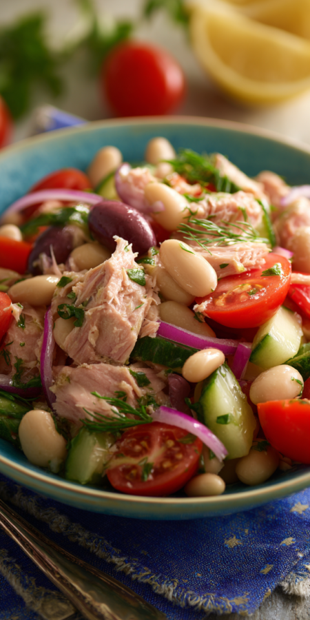 Tuna and White Bean Mediterranean Salad served warm with cozy spices