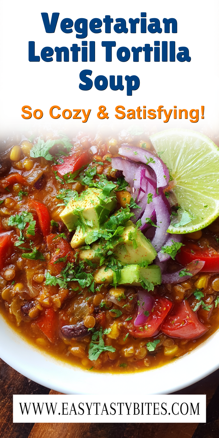 Vegetarian Lentil Tortilla Soup served warm with cozy spices