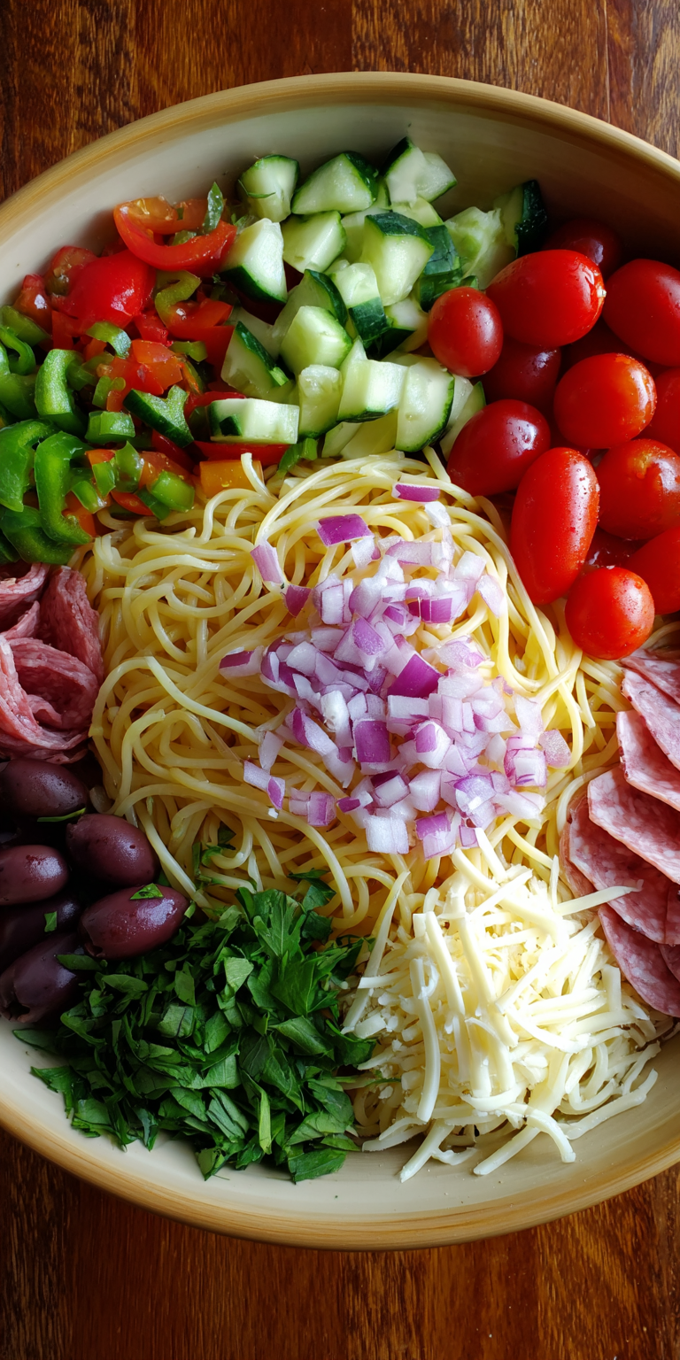 Zesty Italian Spaghetti Salad served warm with cozy spices