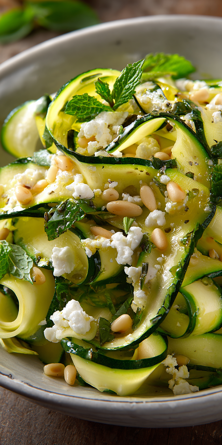 Zucchini Ribbon and Pine Nut Salad served warm with cozy spices