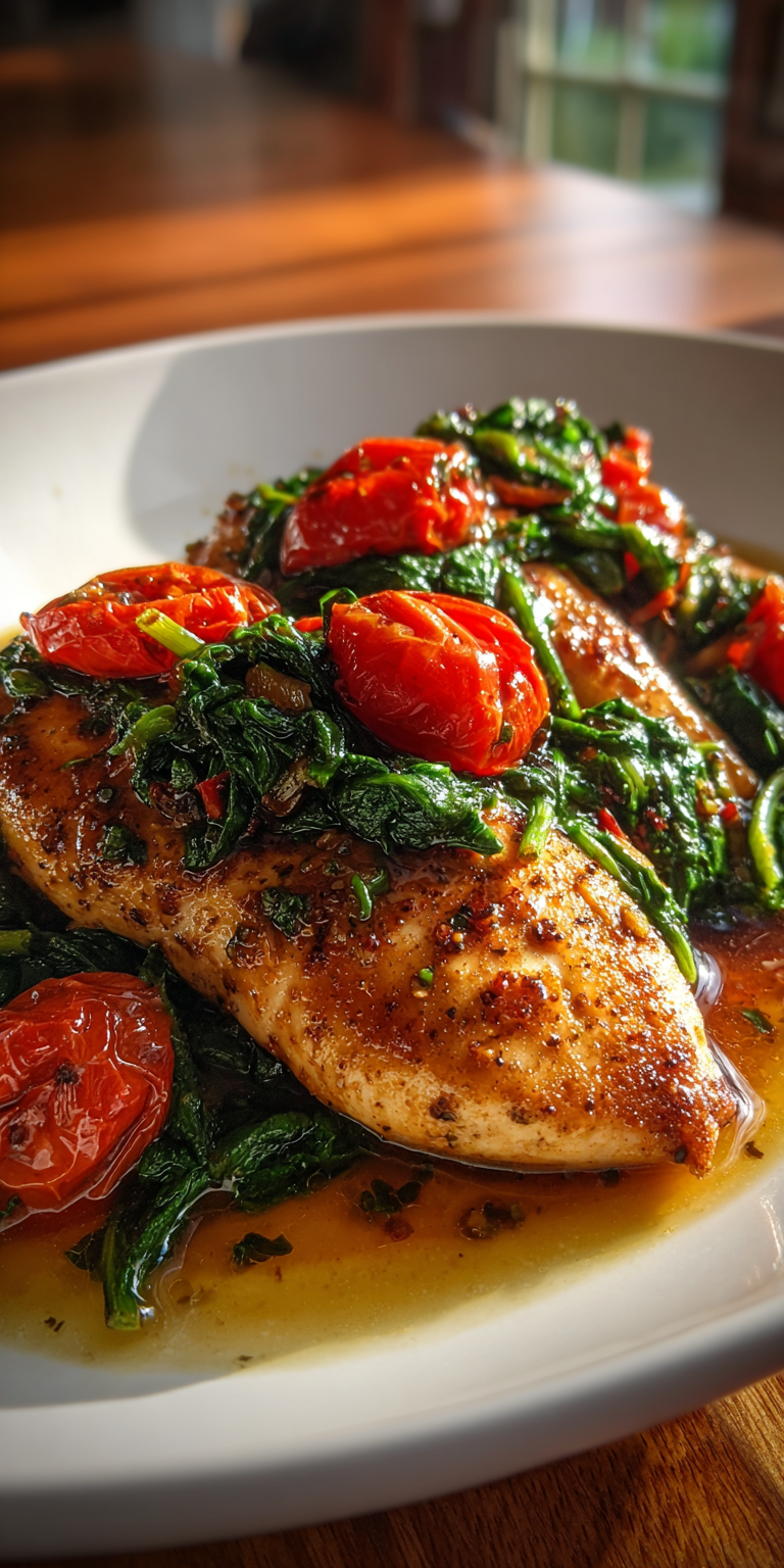 Balsamic Chicken Breast with Spinach and Tomatoes served warm with cozy spices