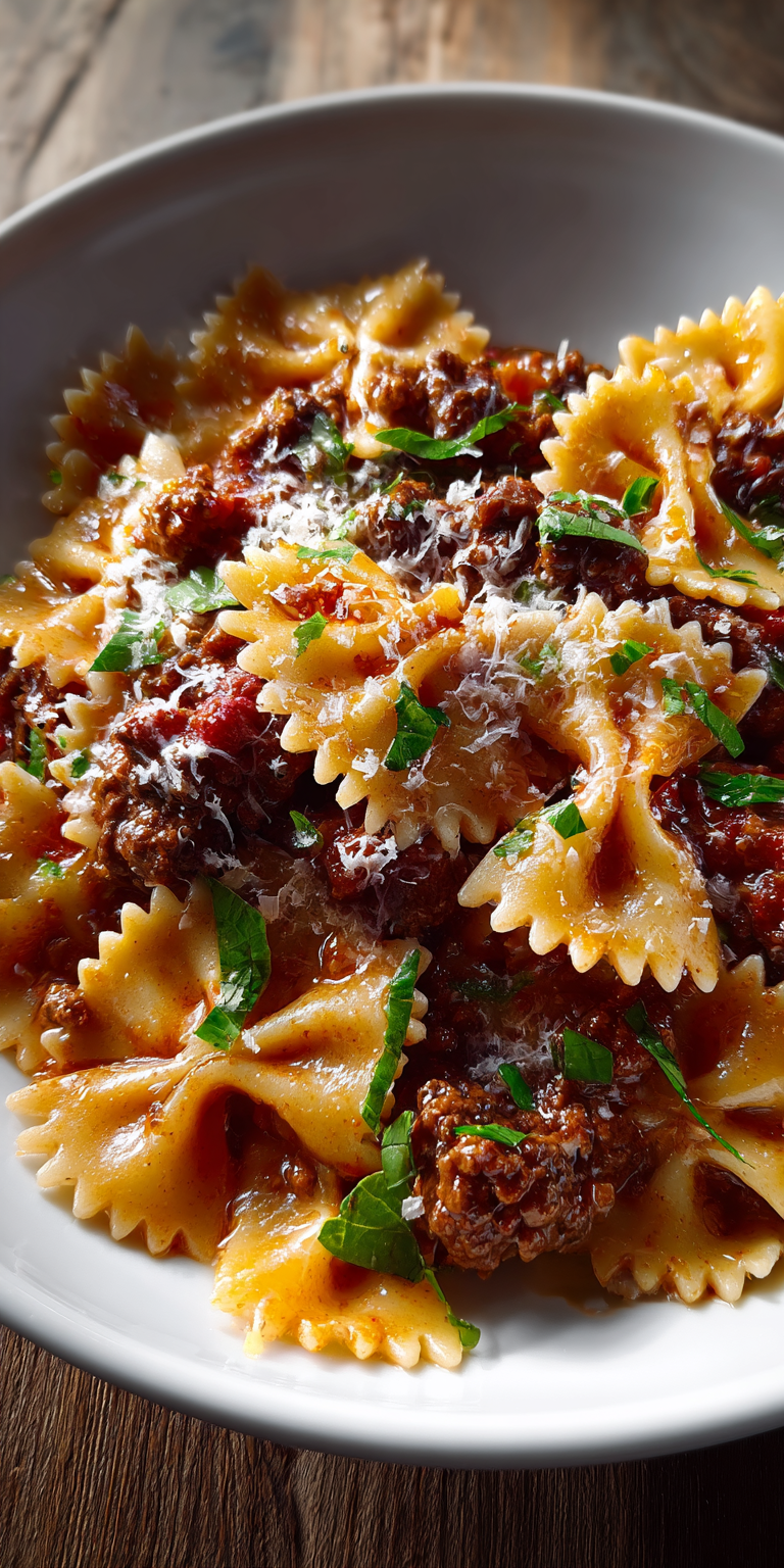 Bowtie Pasta with Ground Beef served warm with cozy spices