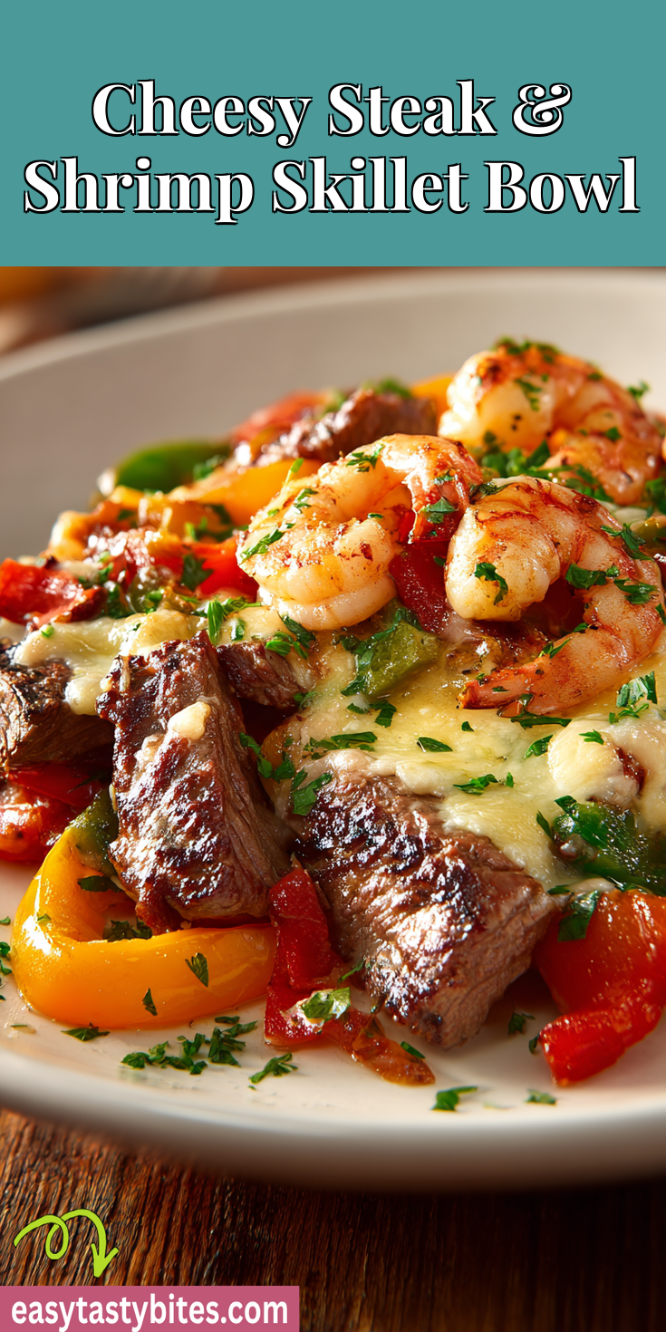 Cheesy Steak & Shrimp Skillet Bowl served warm with cozy spices