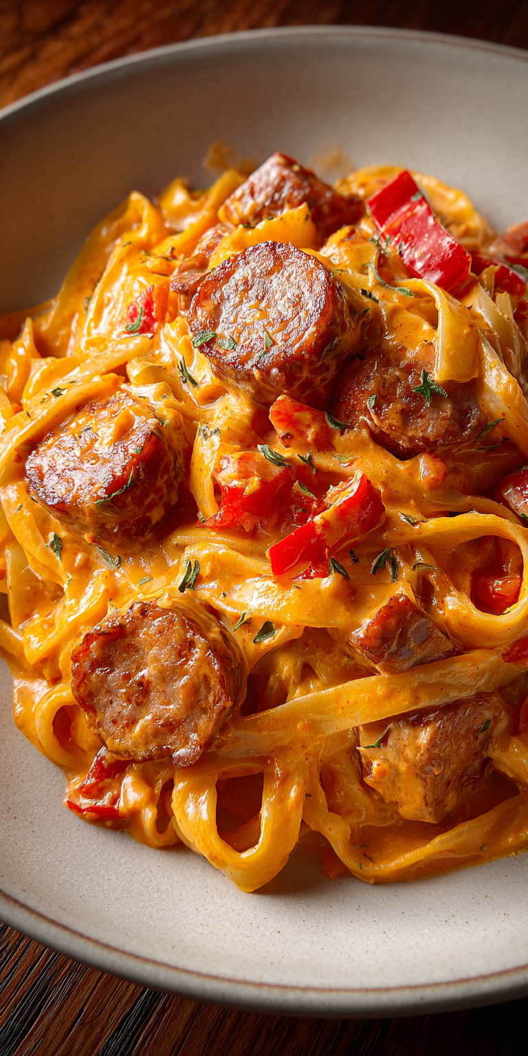 Creamy Cajun Sausage Pasta served warm with cozy spices