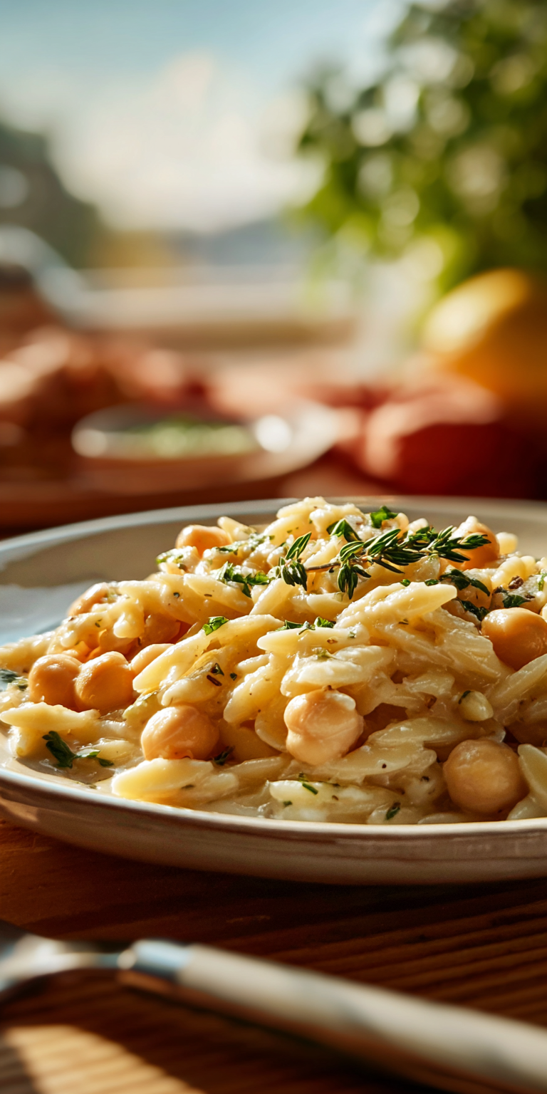 Creamy Lemon Ricotta Orzo with Chickpeas served warm with cozy spices