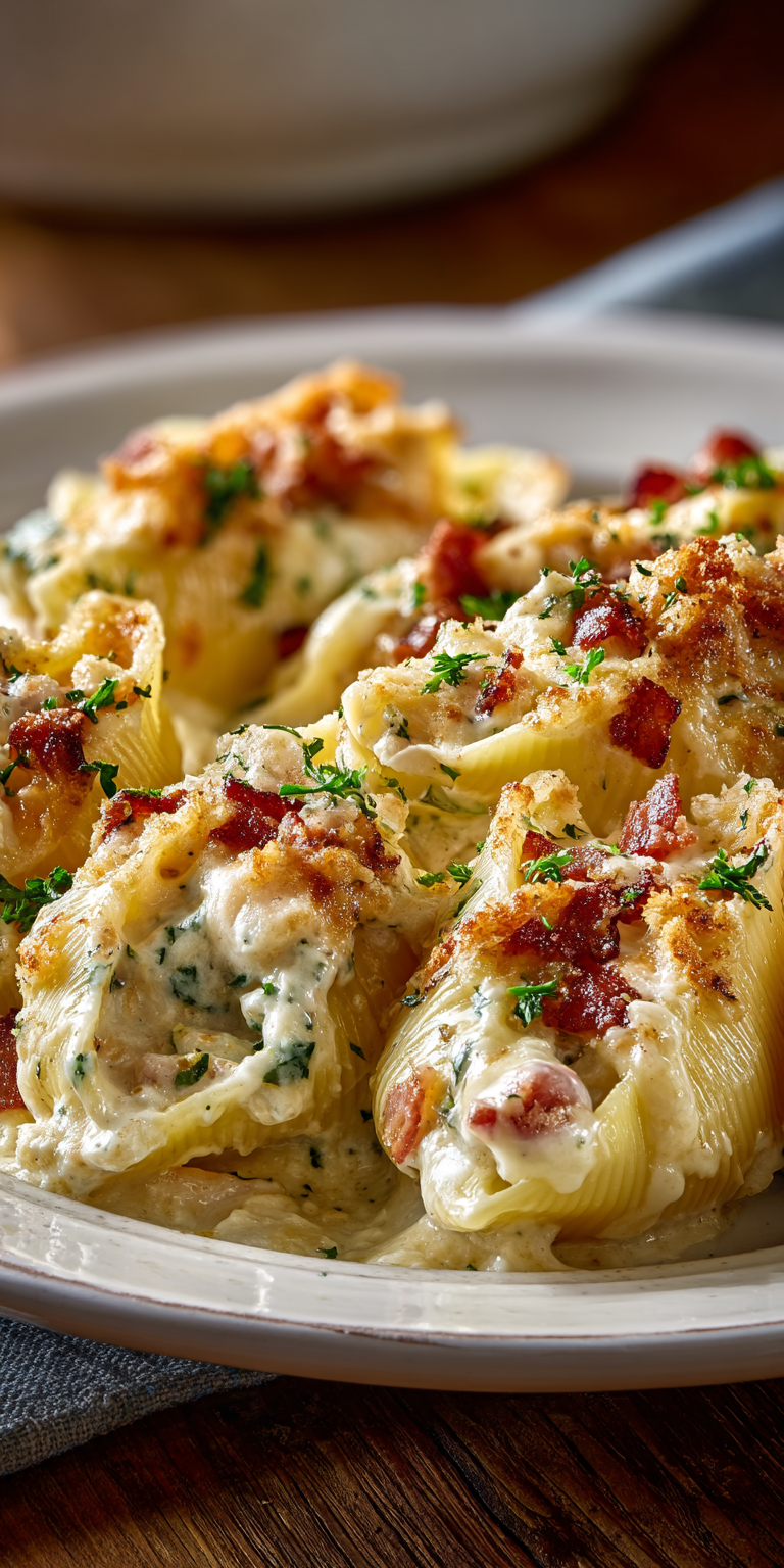 Creamy Loaded Bacon Mac and Cheese Stuffed Shells Delight! served warm with cozy spices
