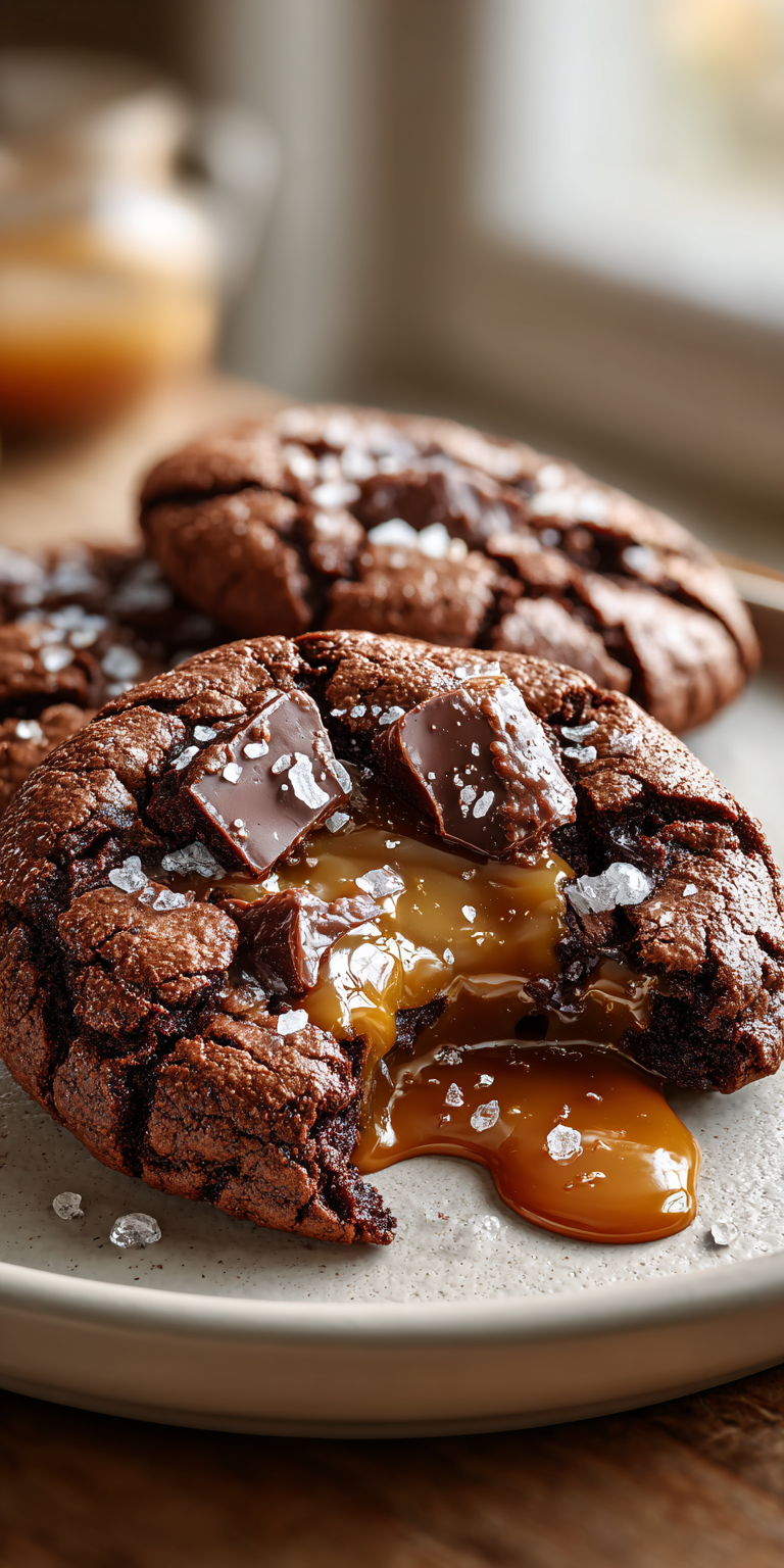 Double Chocolate Salted Caramel Cookies served warm with cozy spices