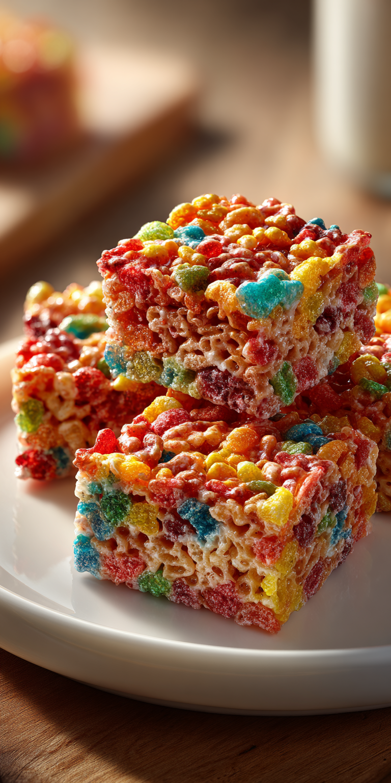 Fruity Pebbles Rice Krispie Treats served warm with cozy spices